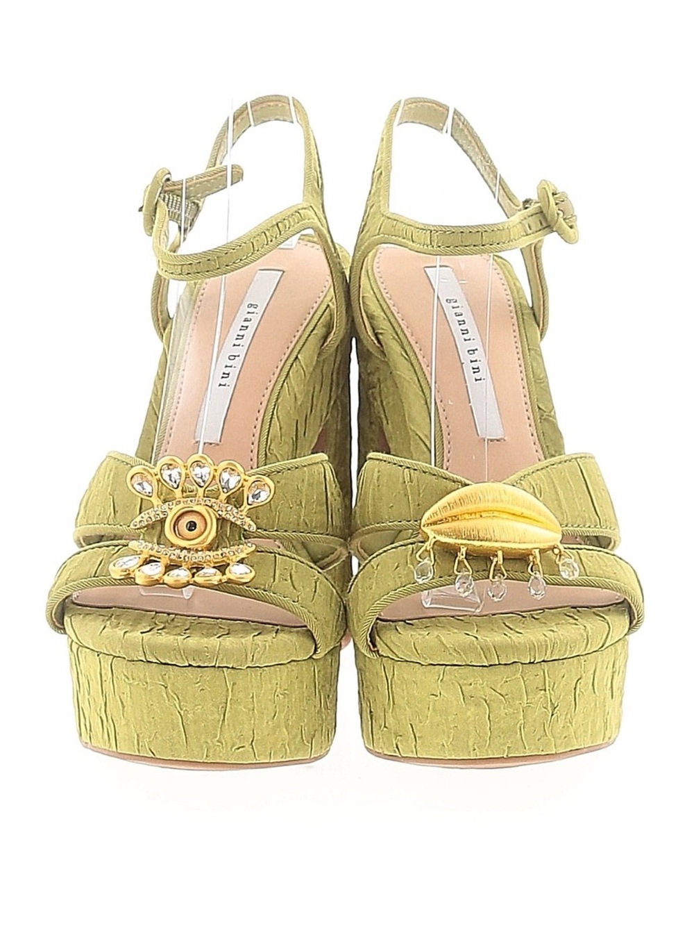 Gianni Bini Olive Platform Sandals with Decorative Shell and Jewel Accents